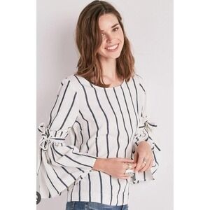 Lucky Brand White Blouse with Black Stripe Tie-Sleeves